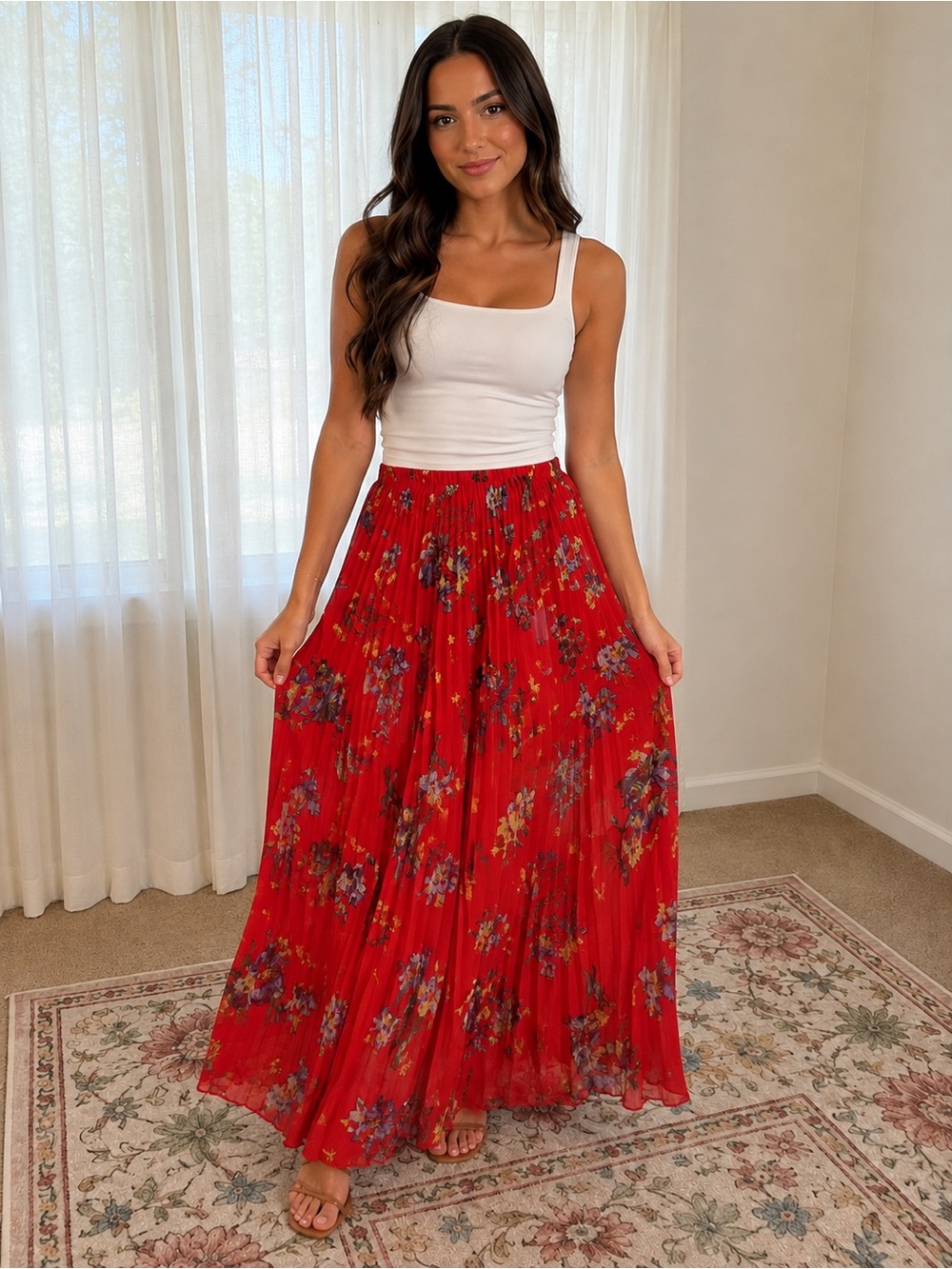 Vince Camuto Red Floral Pleated Maxi Skirt